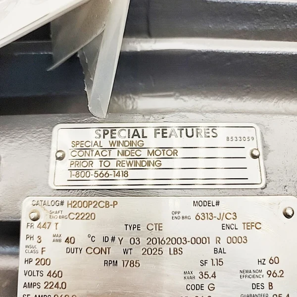 US Motors 6313-J/C3 200 HP Motor 1785 RPM 3PH TEFC - Image 3