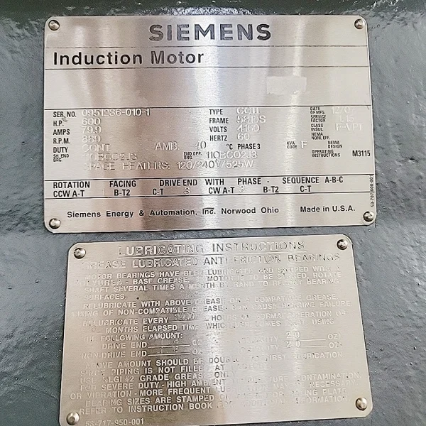 Siemens CGII 600 HP Induction Motor 4160V 889 RPM